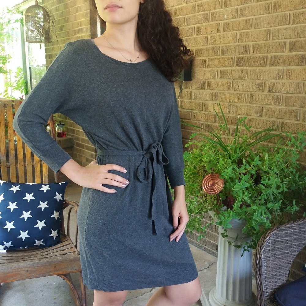 Grey Sweater Dress with Tie Belt